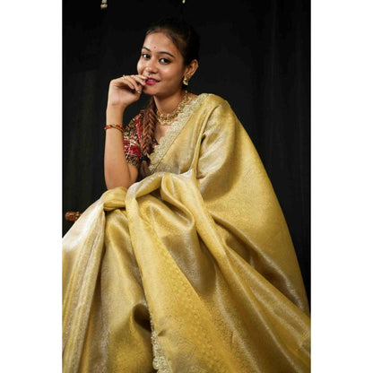 Isadora Life Womens Sequined Zari Gold Pre-Draped Saree With Unstitched Blouse