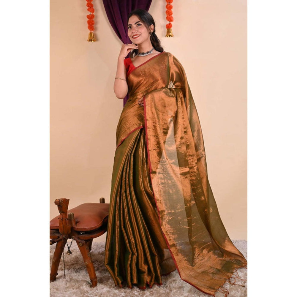 Isadora Life Womens Solid Tassels Copper Pre-Draped Saree With Unstitched Blouse
