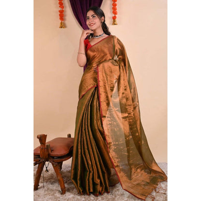 Isadora Life Womens Solid Tassels Copper Pre-Draped Saree With Unstitched Blouse