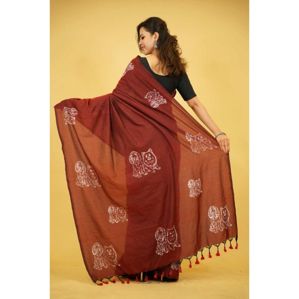 Isadora Life Womens Printed Tassels Maroon Pre-Draped Saree With Unstitched Blouse
