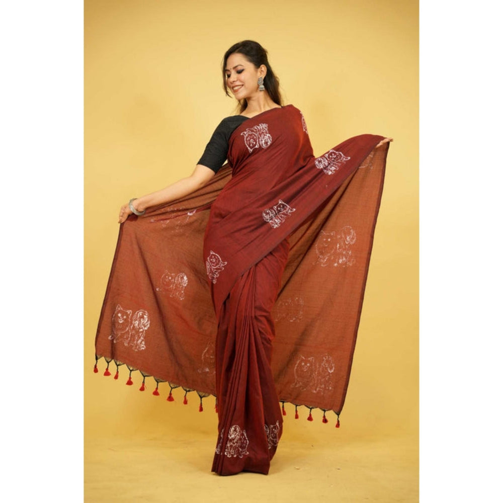 Isadora Life Womens Printed Tassels Maroon Pre-Draped Saree With Unstitched Blouse