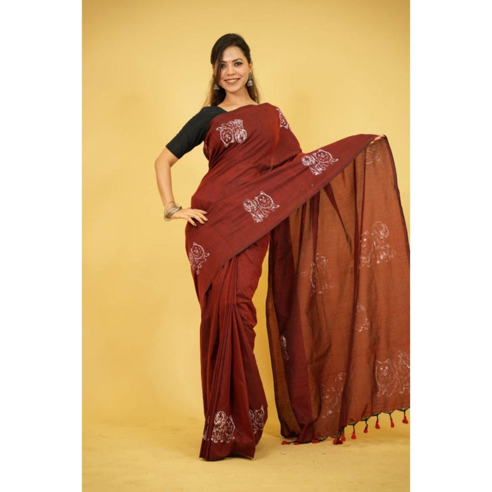 Isadora Life Womens Printed Tassels Maroon Pre-Draped Saree With Unstitched Blouse
