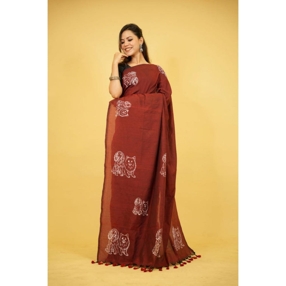 Isadora Life Womens Printed Tassels Maroon Pre-Draped Saree With Unstitched Blouse