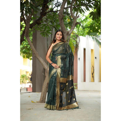 Isadora Life Womens Woven Zari Green Pre-Draped Saree With Unstitched Blouse
