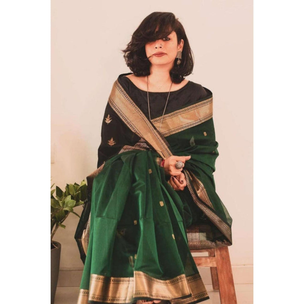 Isadora Life Womens Woven Zari Green Pre-Draped Saree With Unstitched Blouse