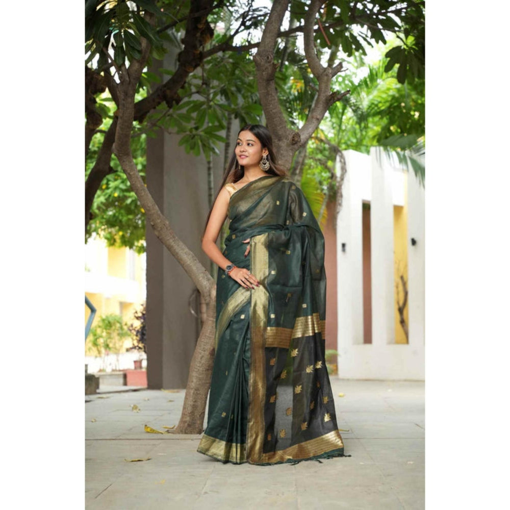 Isadora Life Womens Woven Zari Green Pre-Draped Saree With Unstitched Blouse