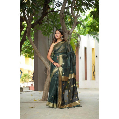 Isadora Life Womens Woven Zari Green Pre-Draped Saree With Unstitched Blouse