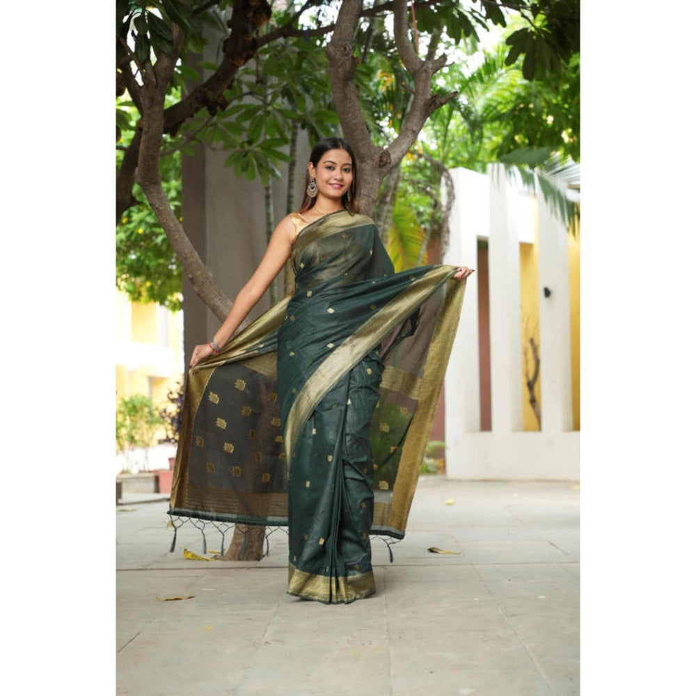 Isadora Life Womens Woven Zari Green Pre-Draped Saree With Unstitched Blouse