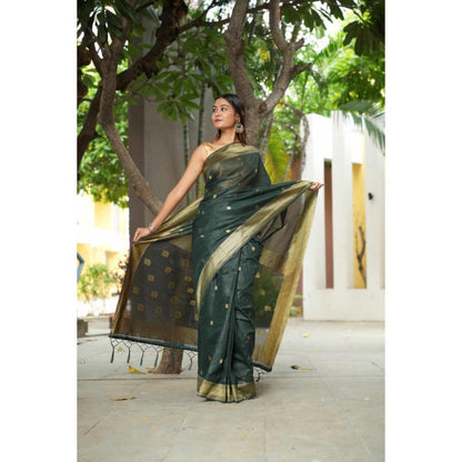 Isadora Life Womens Woven Zari Green Pre-Draped Saree With Unstitched Blouse