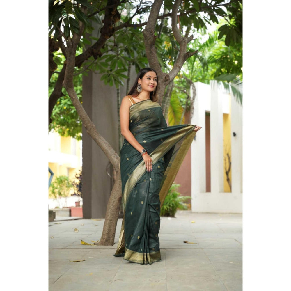Isadora Life Womens Woven Zari Green Pre-Draped Saree With Unstitched Blouse