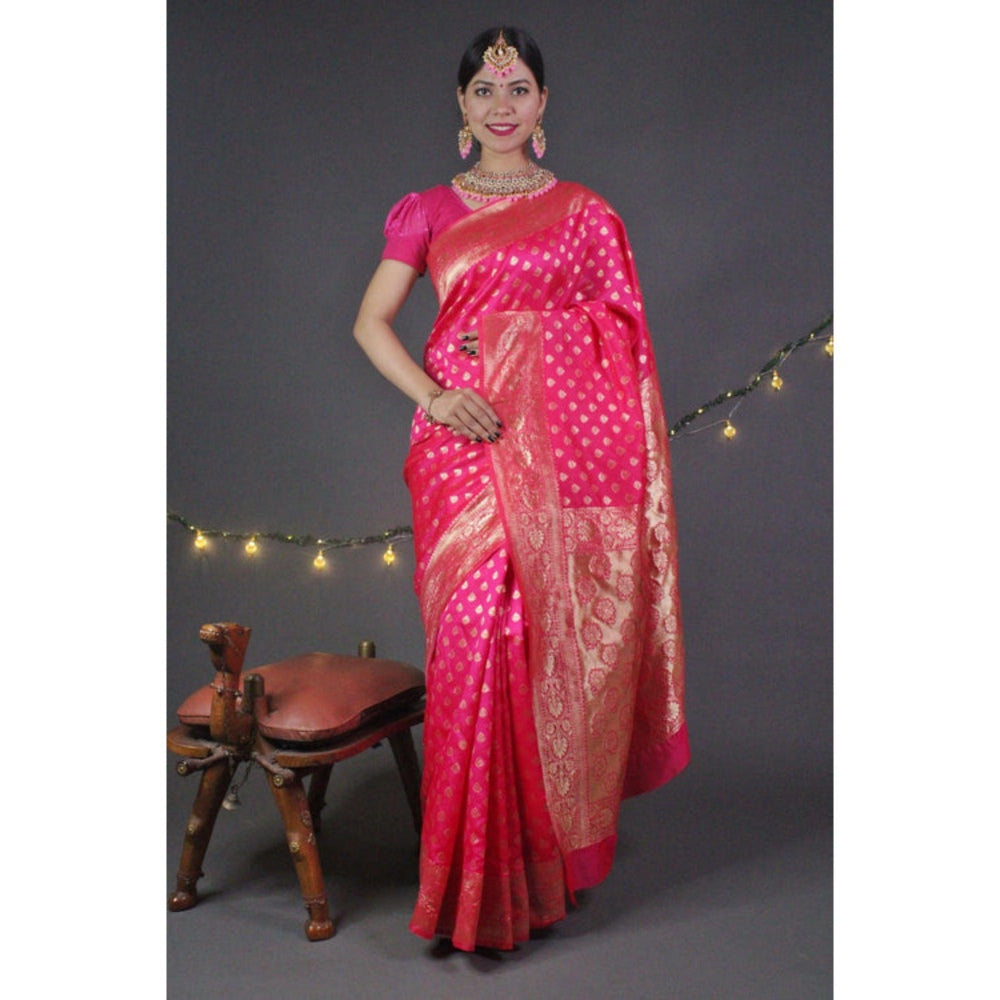 Isadora Life Womens Woven Zari Pink Pre-Draped Saree With Unstitched Blouse