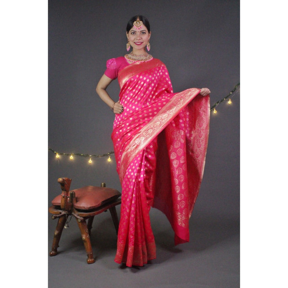 Isadora Life Womens Woven Zari Pink Pre-Draped Saree With Unstitched Blouse