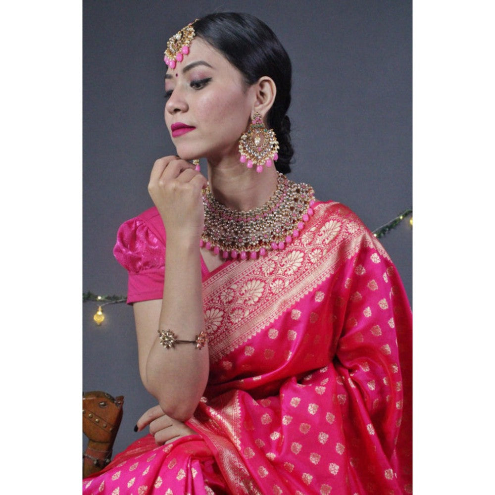 Isadora Life Womens Woven Zari Pink Pre-Draped Saree With Unstitched Blouse