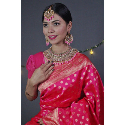 Isadora Life Womens Woven Zari Pink Pre-Draped Saree With Unstitched Blouse