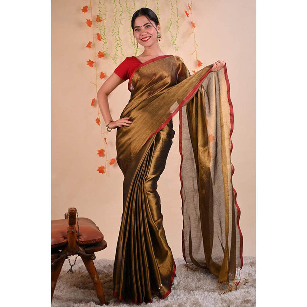 Isadora Life Womens Solid Tassels Gold Pre-Draped Saree With Unstitched Blouse