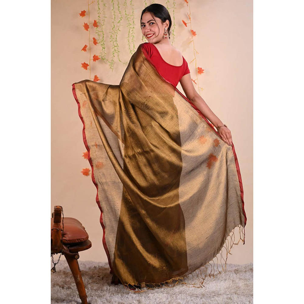 Isadora Life Womens Solid Tassels Gold Pre-Draped Saree With Unstitched Blouse