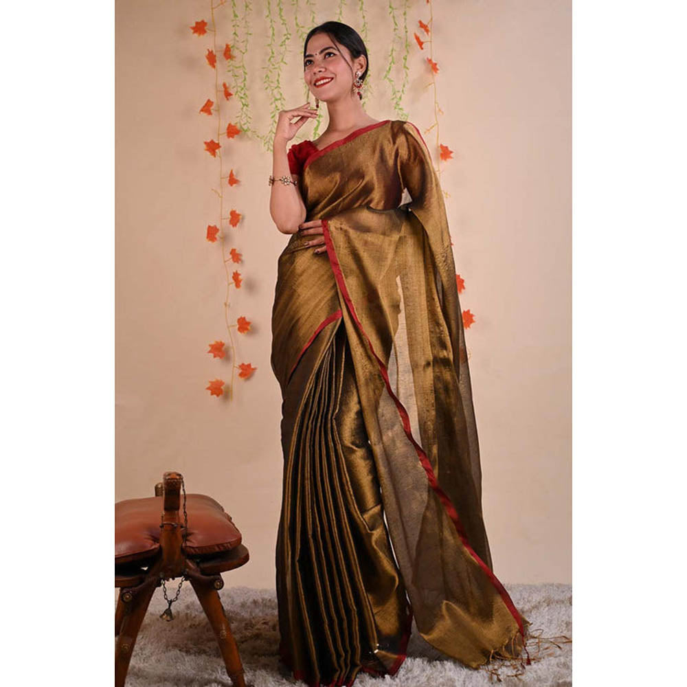 Isadora Life Womens Solid Tassels Gold Pre-Draped Saree With Unstitched Blouse