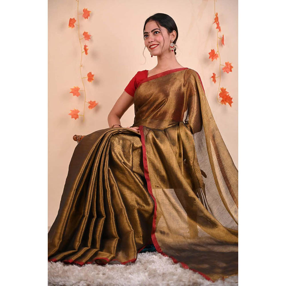Isadora Life Womens Solid Tassels Gold Pre-Draped Saree With Unstitched Blouse