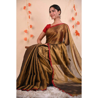 Isadora Life Womens Solid Tassels Gold Pre-Draped Saree With Unstitched Blouse