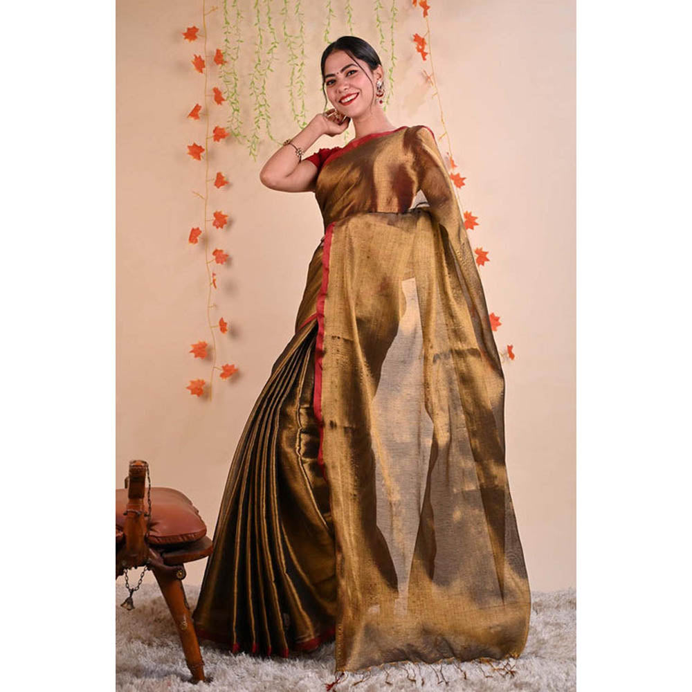 Isadora Life Womens Solid Tassels Gold Pre-Draped Saree With Unstitched Blouse