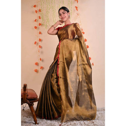 Isadora Life Womens Solid Tassels Gold Pre-Draped Saree With Unstitched Blouse