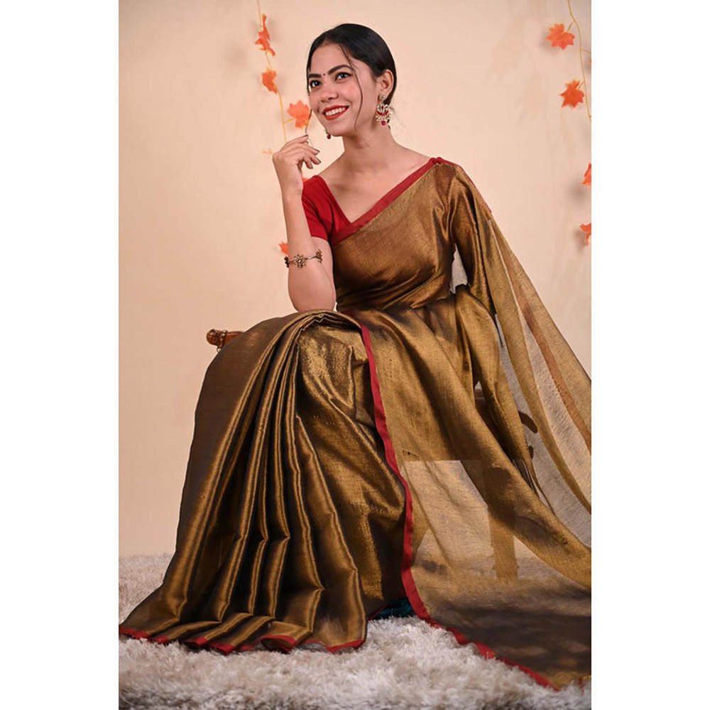 Isadora Life Womens Solid Tassels Gold Pre-Draped Saree With Unstitched Blouse