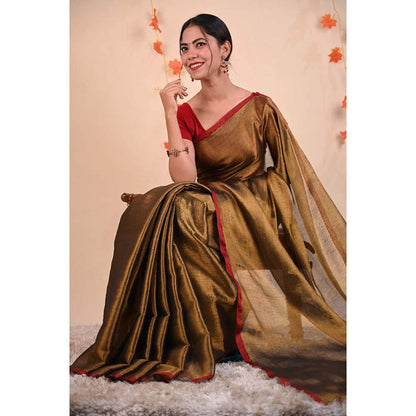 Isadora Life Womens Solid Tassels Gold Pre-Draped Saree With Unstitched Blouse