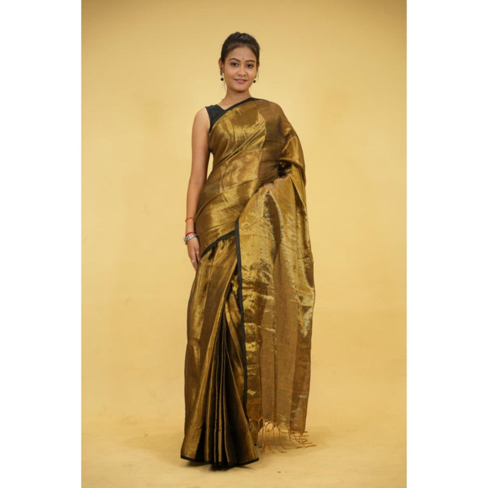 Isadora Life Womens Woven Tassels Gold Pre-Draped Saree With Unstitched Blouse