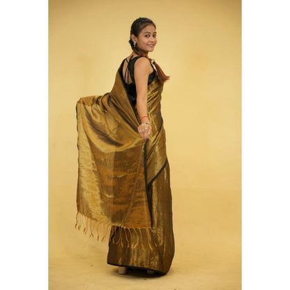 Isadora Life Womens Woven Tassels Gold Pre-Draped Saree With Unstitched Blouse