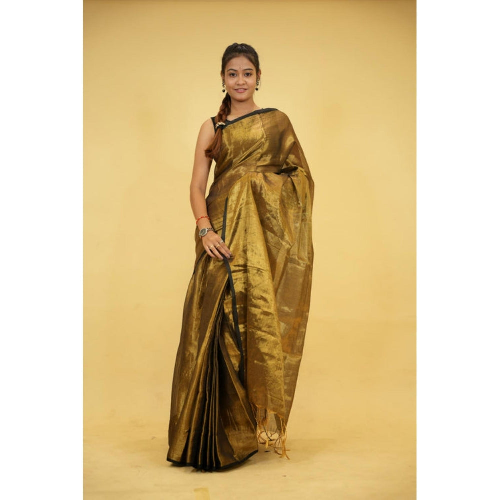 Isadora Life Womens Woven Tassels Gold Pre-Draped Saree With Unstitched Blouse