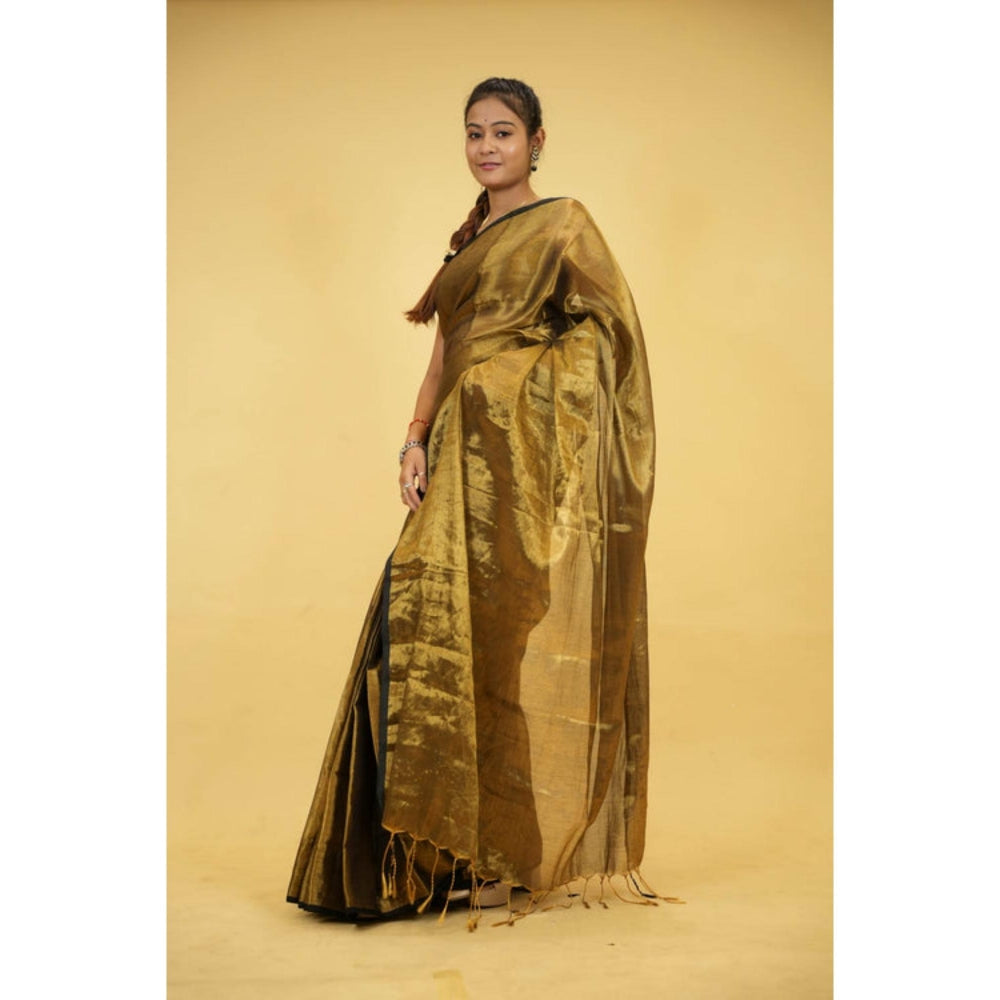 Isadora Life Womens Woven Tassels Gold Pre-Draped Saree With Unstitched Blouse