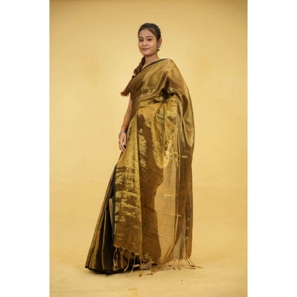 Isadora Life Womens Woven Tassels Gold Pre-Draped Saree With Unstitched Blouse