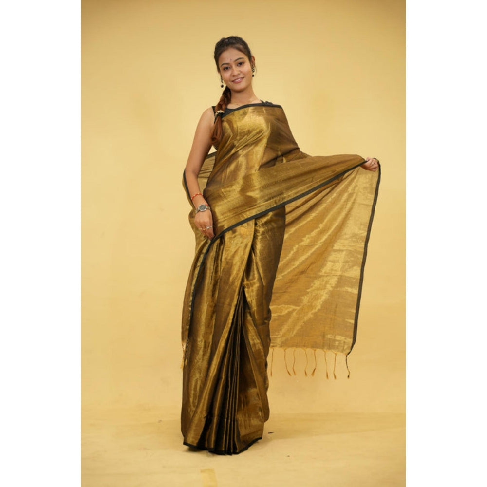 Isadora Life Womens Woven Tassels Gold Pre-Draped Saree With Unstitched Blouse