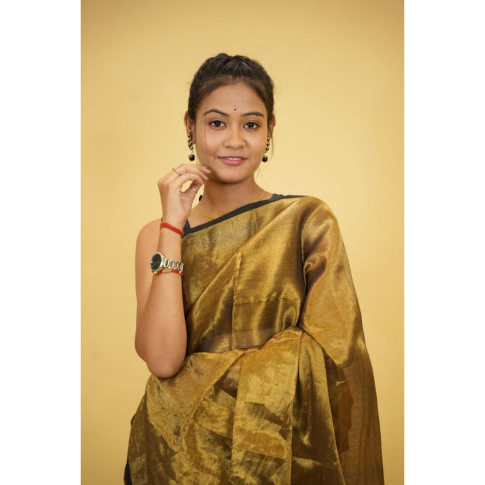 Isadora Life Womens Woven Tassels Gold Pre-Draped Saree With Unstitched Blouse