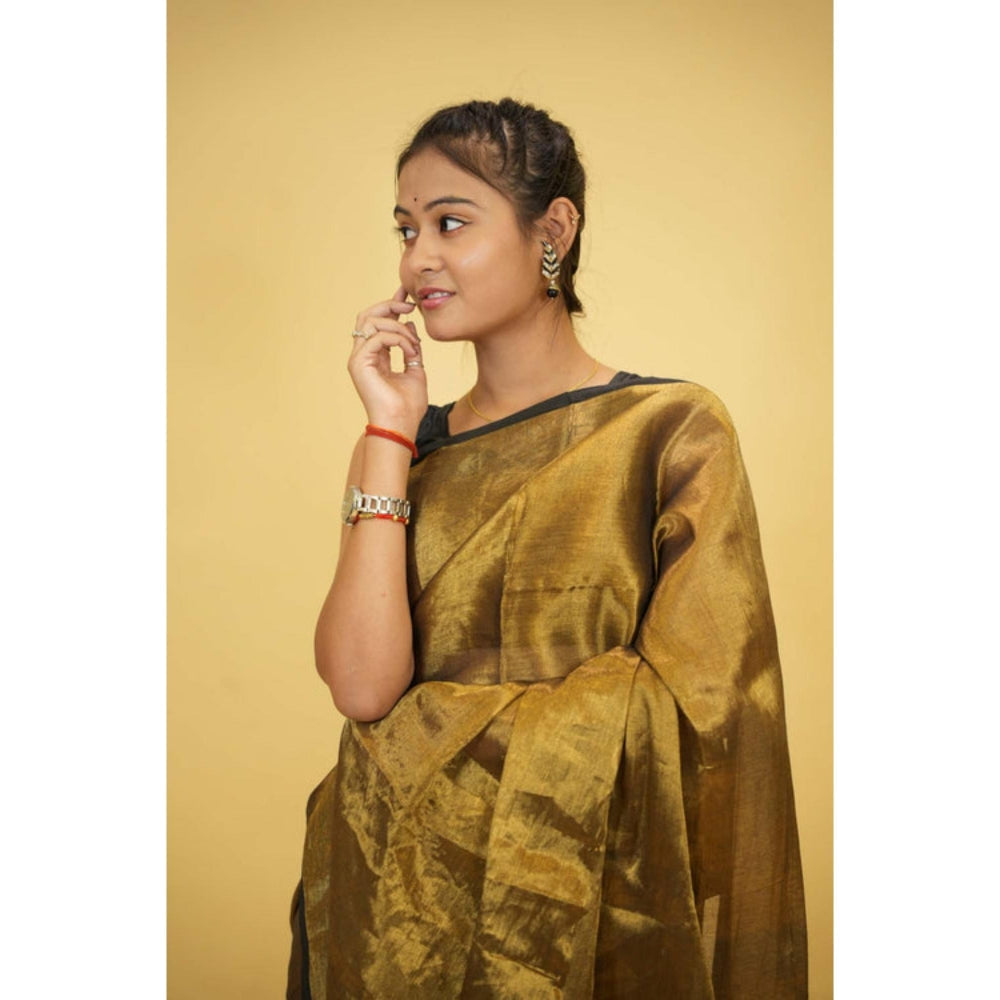 Isadora Life Womens Woven Tassels Gold Pre-Draped Saree With Unstitched Blouse