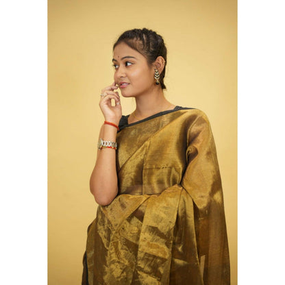 Isadora Life Womens Woven Tassels Gold Pre-Draped Saree With Unstitched Blouse