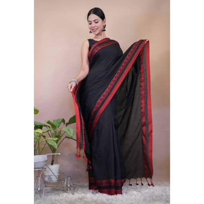 Isadora Life Womens Solid Tassels Black Pre-Draped Saree With Unstitched Blouse