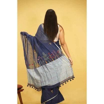 Isadora Life Womens Embroidered Tassels Blue Pre-Draped Saree With Unstitched Blouse