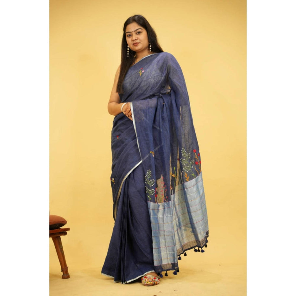Isadora Life Womens Embroidered Tassels Blue Pre-Draped Saree With Unstitched Blouse