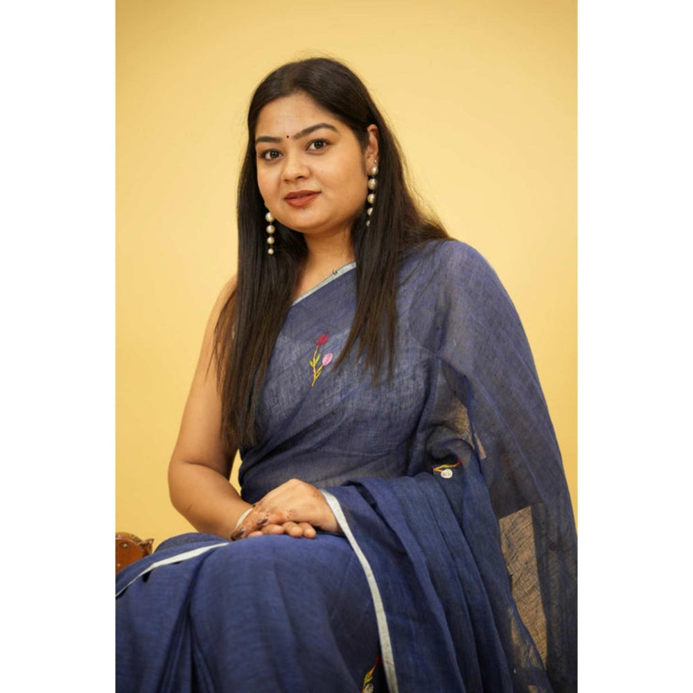 Isadora Life Womens Embroidered Tassels Blue Pre-Draped Saree With Unstitched Blouse