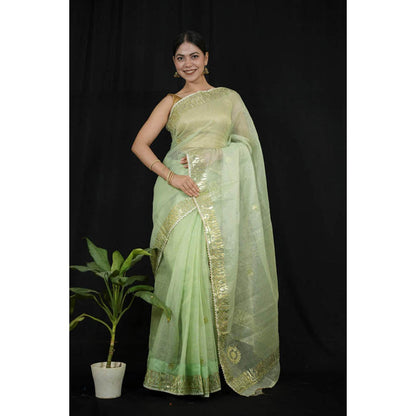 Isadora Life Womens Sequined Gota Green Pre-Draped Saree With Unstitched Blouse