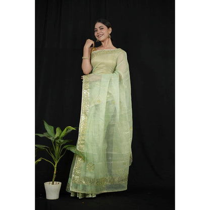 Isadora Life Womens Sequined Gota Green Pre-Draped Saree With Unstitched Blouse