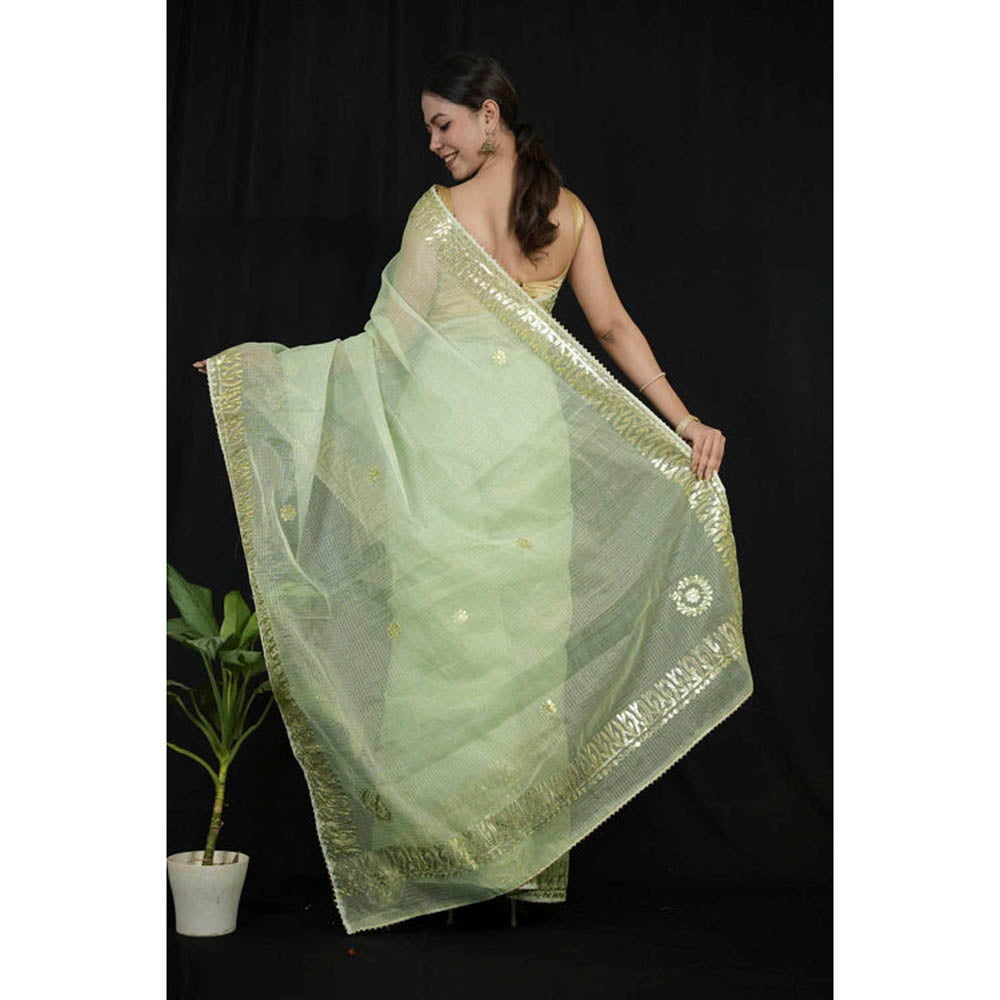 Isadora Life Womens Sequined Gota Green Pre-Draped Saree With Unstitched Blouse