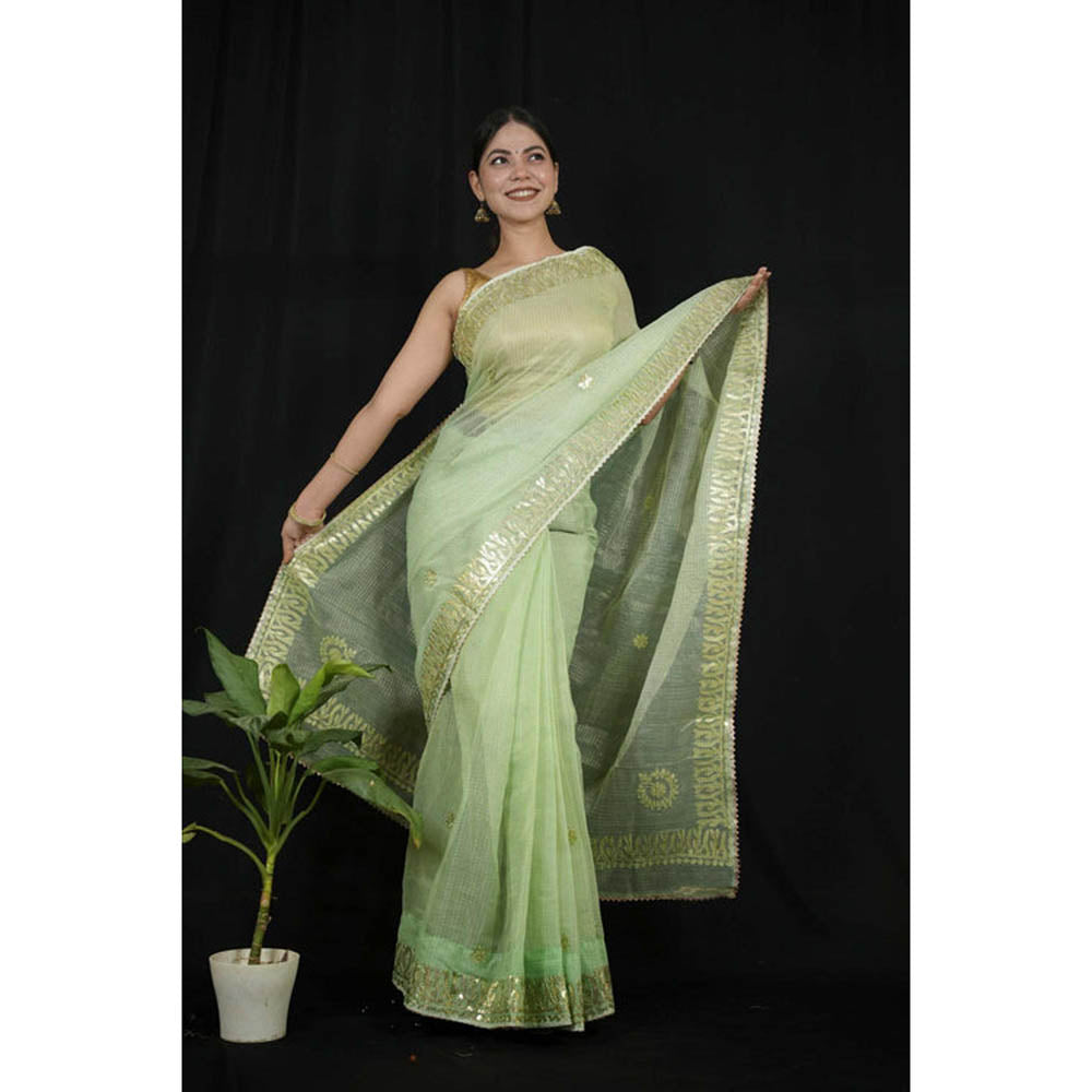 Isadora Life Womens Sequined Gota Green Pre-Draped Saree With Unstitched Blouse