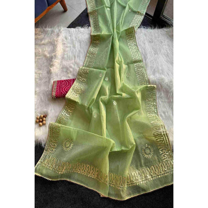Isadora Life Womens Sequined Gota Green Pre-Draped Saree With Unstitched Blouse