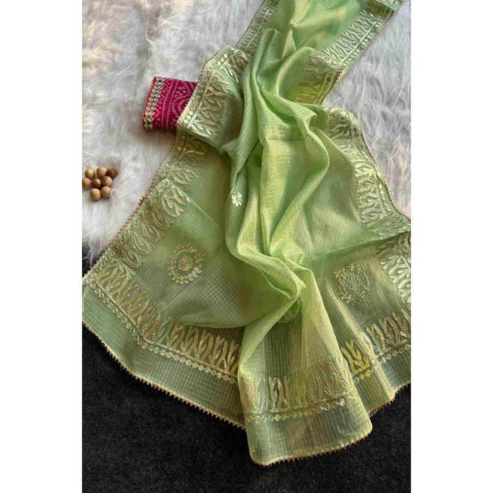 Isadora Life Womens Sequined Gota Green Pre-Draped Saree With Unstitched Blouse