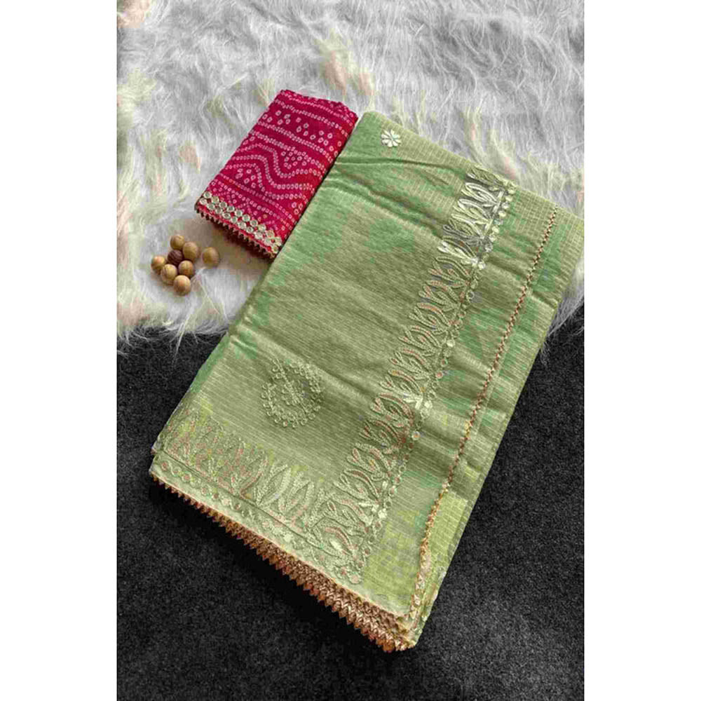 Isadora Life Womens Sequined Gota Green Pre-Draped Saree With Unstitched Blouse