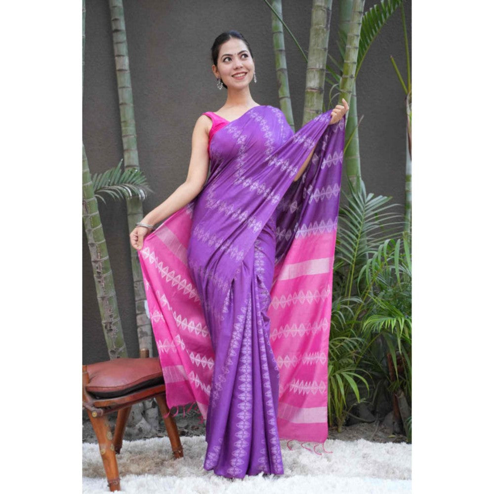 Isadora Life Womens Woven Tassels Lavender Pre-Draped Saree With Unstitched Blouse
