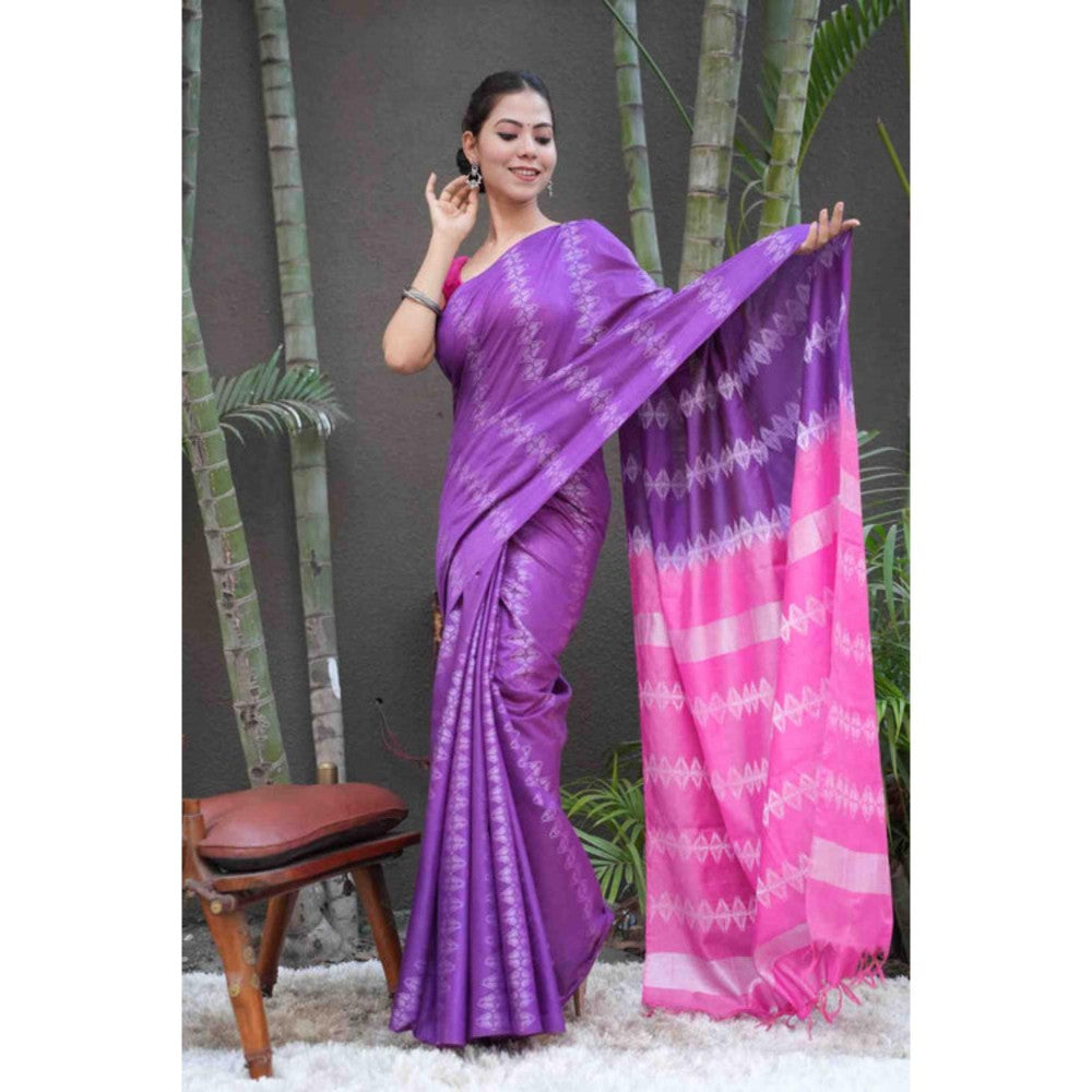 Isadora Life Womens Woven Tassels Lavender Pre-Draped Saree With Unstitched Blouse