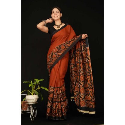 Isadora Life Womens Floral Printed Rust Pre-Draped Saree With Unstitched Blouse